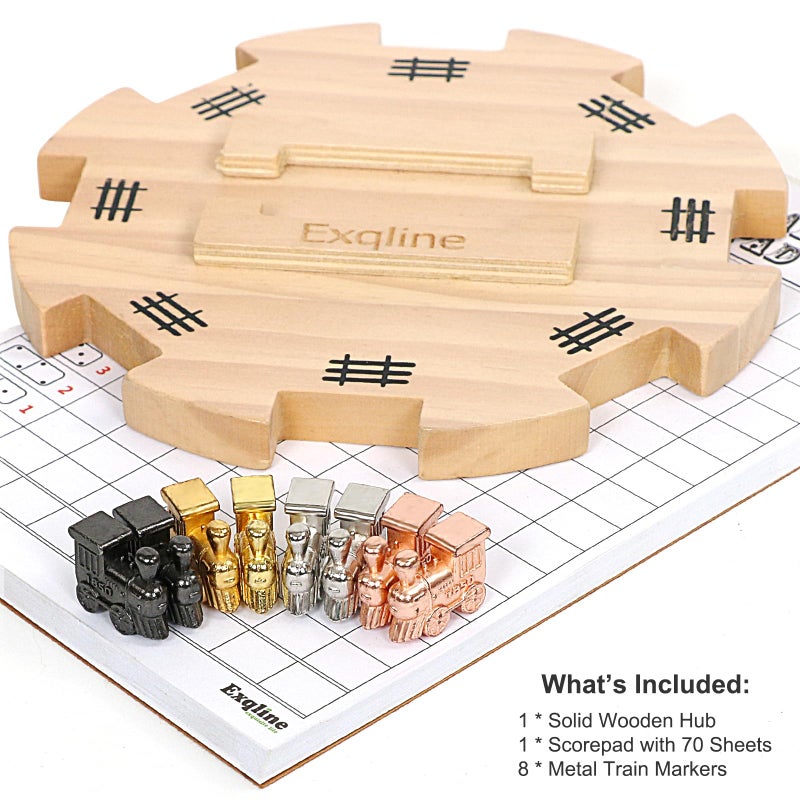 Exqline Mexican Train Dominoes Accessories - with 6.5" Pine Mexican Train Hub, 70-Sheets Mexican Train Score Pads and 8 Colored Die-Cast Train Markers, for Mexican Dominoes Train Game Set - Image 2